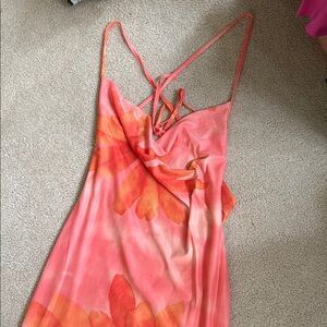 Draped neck open back tropical maxi dress